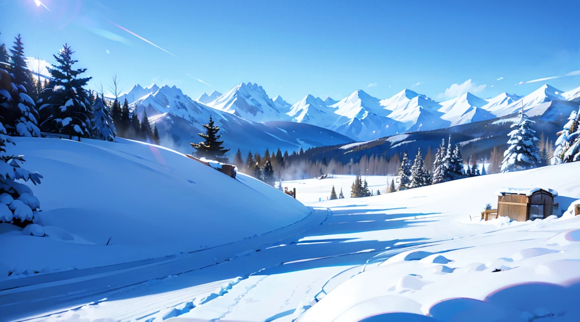 (RAW Photos, Best Quality), (animesque: 1.2), Mountains々, snowscape, sunny sky, Soft lighting, High quality, Professional Lighting, Photon mapping, Physically Based Rendering,
