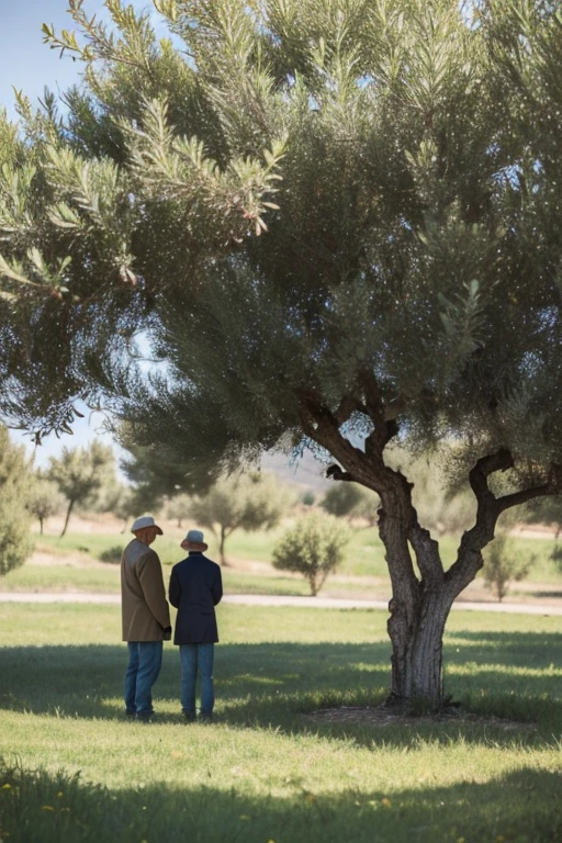 an old father and a young son picking olives from an olive tree in the style of Van Gogh painting. They are both human beings but not so realistic, they are facing away from each other. Vivid colors