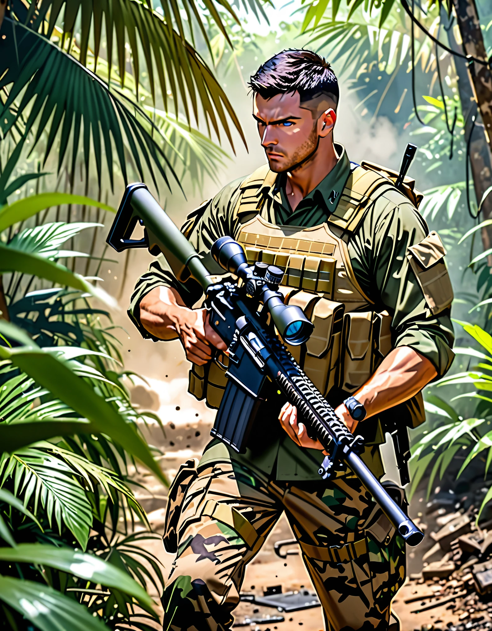 (masterpiece), (best quality), (highres), 1male, male focus, private military contractor, soldier, mercenary, jungle camouflage battle dress uniform, combat boots, (holding weapon, sniper rifle), intense look on his face, black hair, short hair, blue eyes, assault vest, jungle backdrop, gritty war setting, Cowboy Shot. Solo, Solo focus.