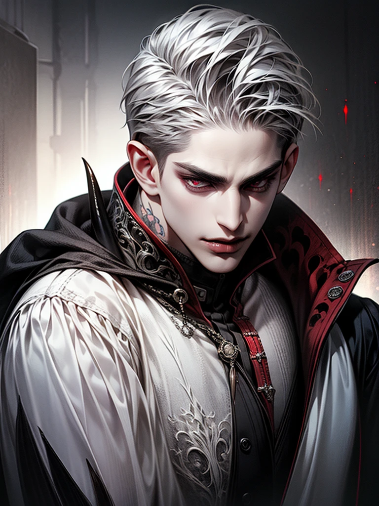 Boy with short hair, white hair, tatto, undercut hair,vampire ,vampire teeth ,devil,