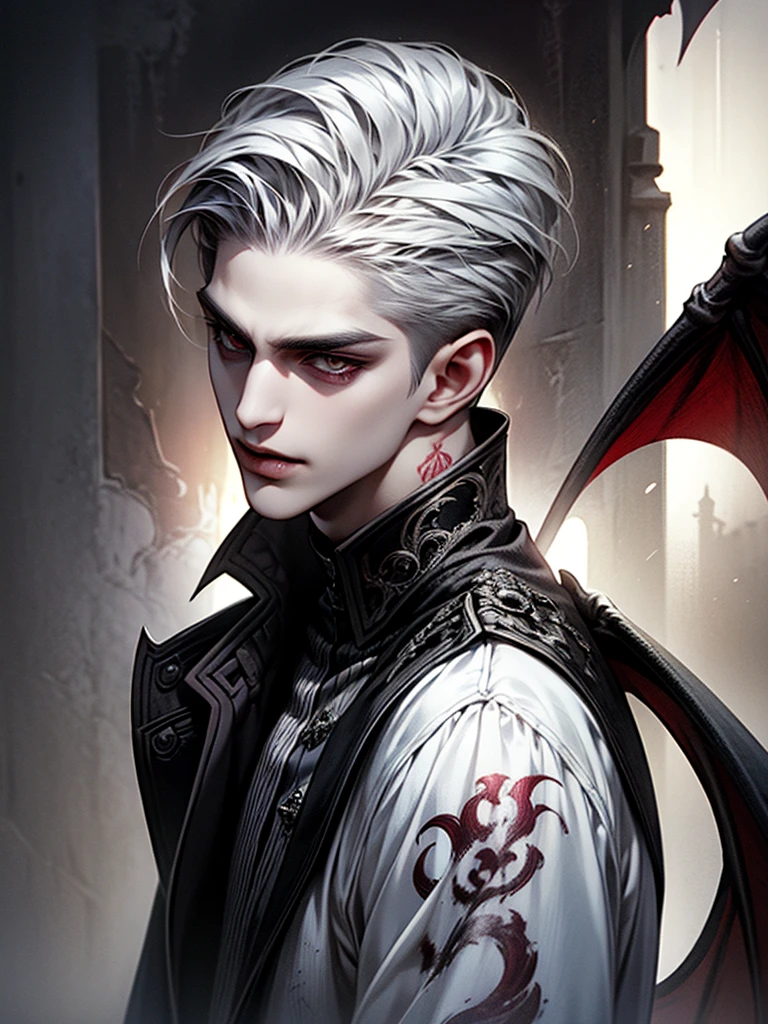 Boy with short hair, white hair, tatto, undercut hair,vampire ,vampire teeth ,devil,