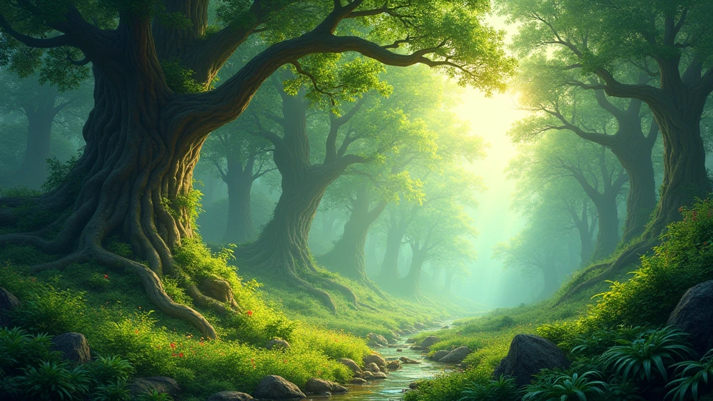 Lush scene from the Forest Kingdom: dense, ancient forests with towering trees and vibrant vegetation. Sunlight filters through the canopy, creating dappled light on the forest floor. Peaceful and vibrant.
