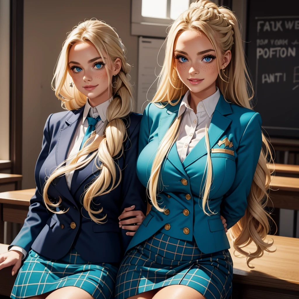 blonde, very long ponytail, very curly hair, French braid through ponytail, huge , massive , even bigger , bright blue eyes, high quality eyes, buttons, freckles, pale blue tartan skirt, very big very curly hair, armband, classroom, uniform, smile,   skin tight clothes,  come hither face, sultry face, tie, light blue, baby blue, teal, hair up, night, night time, blazer