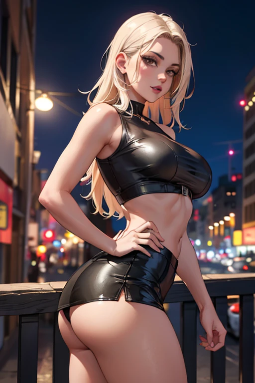 masterpiece, best quality, shadows, perfect hands, perfect legs, perfect anatomy, pretty face, mature features, 1 girl, 21 years old, MILF, mature woman, tight crop top, sexy leather skirt, city night background, white long hair, thighs, ass, breast, seductive, spicy, posing, cinematography lights,