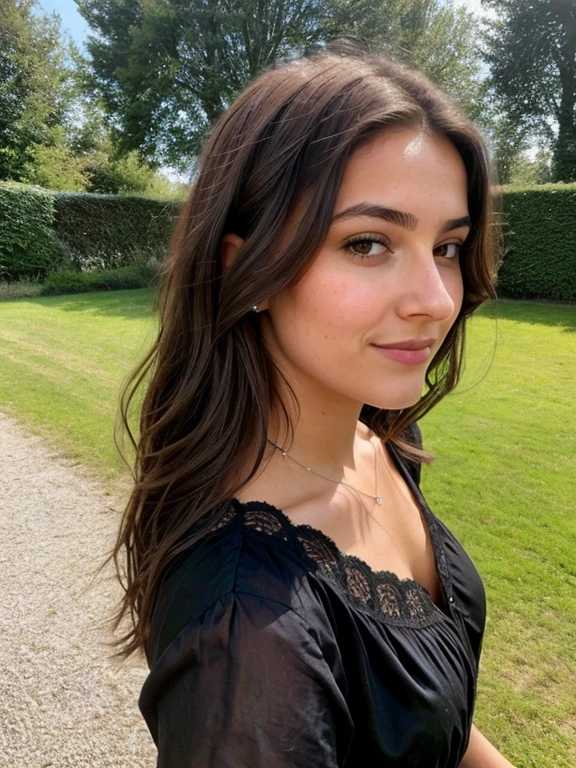 Une femme brune foncée de 23 ans, , ((hyperréalisme)) ,. Cheveux brun, Cheveux aux racines brunes, cheveux très longs, cheveux très longs, cheveux très longs, Beau, vue de face, selfie, photo prise avec iPhone, chemise noire élégante avec escote, Coupe-bas, selfie dans le jardin, Haute qualité, selfie iPhone, clivage