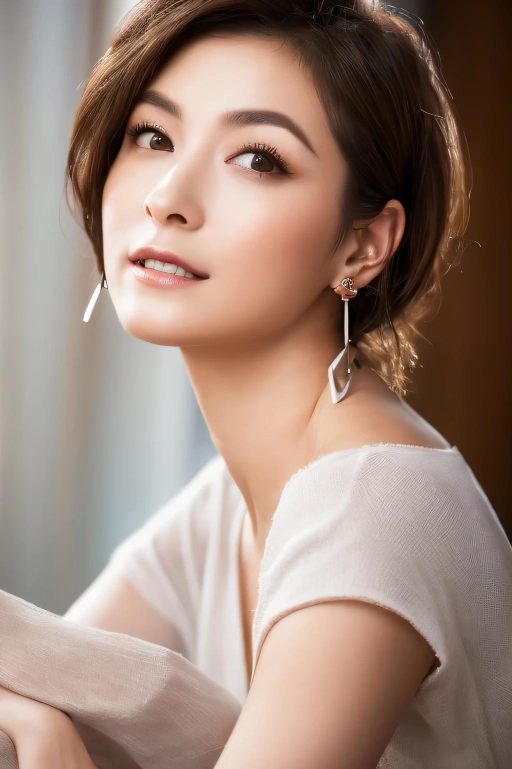 Best portraits、Watching the audience、Facing the viewer、V-neck T-shirt、light brown hair, heart earrings, naughty face, depth of field, cinematic lighting, uhd, masterpiece, anatomically correct, super detail, best quality, 16K