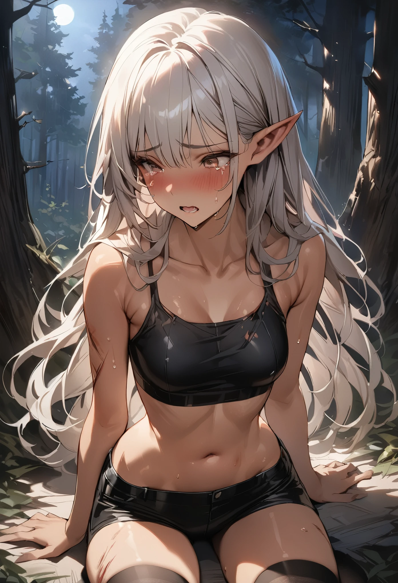 ((masterpiece,best quality anime,Highest quality:1.3)),realistic,cowboy shot,(Mature dark elf beauty),1woman,solo,((very small head:1.4)),ideal ratio body proportions,(tan skin:1.4),elf ear,Silver Hair,bangs,straight long hair,gorgeous big eyes,brown eyes,tears,shy,naked,nipples,navel,vagina,Black leather collar,shibari,hemp rope,((slender body:1.3,skinny,toned body)),medium breasts,naked,gleaming skin,shiny skin,sweat:1.5,arms behind back,walk、forest、Many trees、Fantasy World、nsfw,