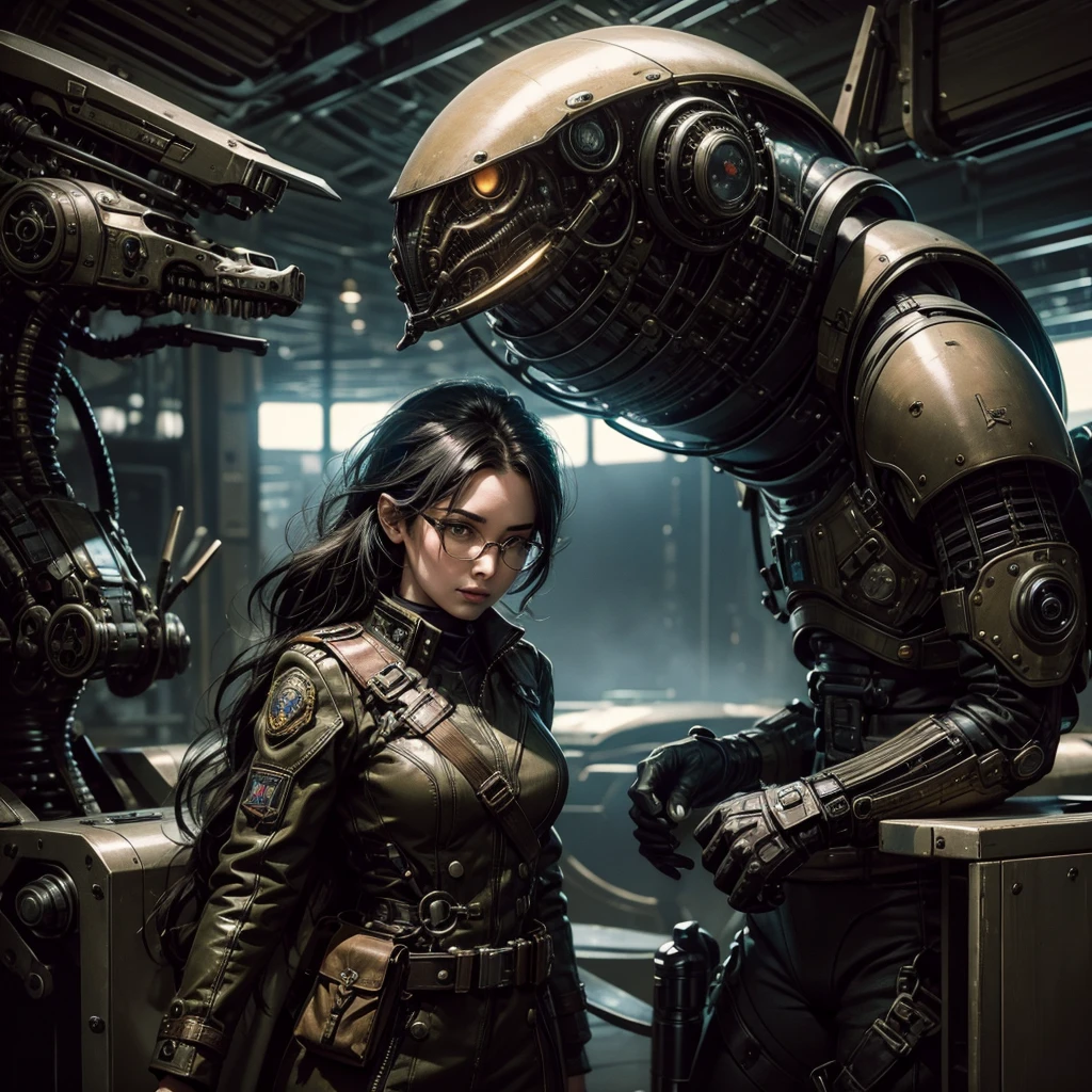 a single woman with glasses in a futuristic steampunk military uniform facing an alien ready to fight against him