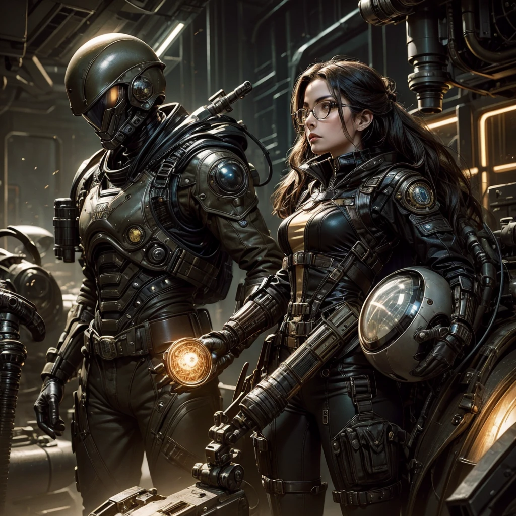 
a single woman with glasses in a futuristic steampunk military uniform facing an alien ready to fight against him