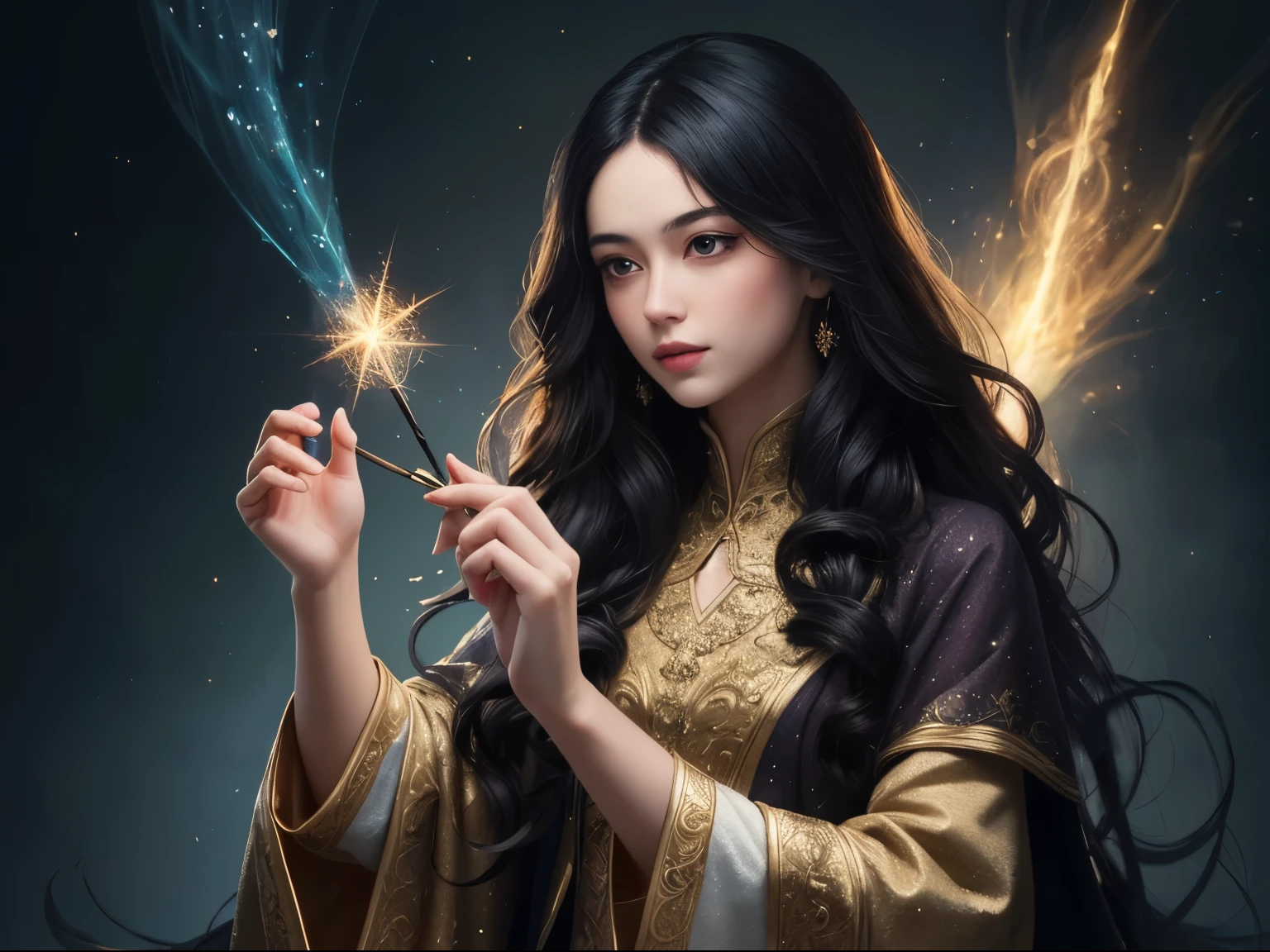 ((best quality)), ((masterpiece)), (detailed), A digital illustration of a long black haired young women creating magical clothes with a wand and sparkles surrounded by magical clothes