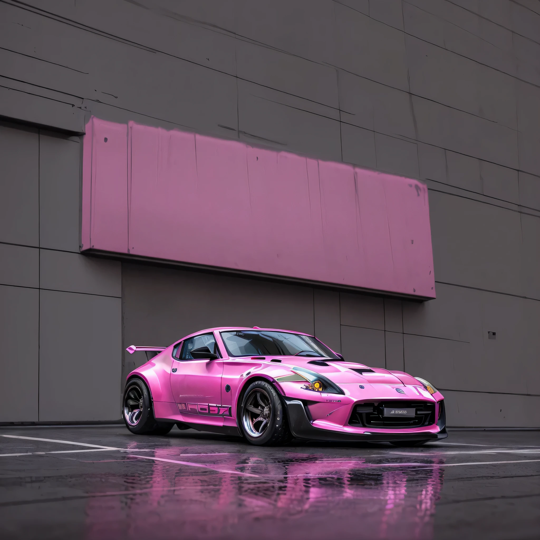 Photograph of only one classic pink chrome nissan 370Z in rainy cyberpunk city, dark lonely city, slick, smooth, organic, nautilus, aerodynamic, (cinematic lighting:1.3), soft cinematic light, adobe lightroom, photolab, hdr, immense detail, extreme detail, photorealism, professional photography, shiny, droplet splashes, depth of field