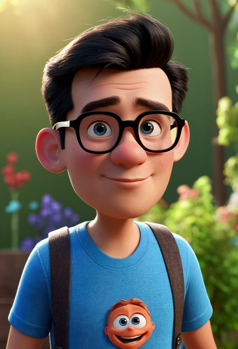 Cartoon character of a man in black glasses and blue shirt, an animated character, stylized character, animation style rendering, 3d stylized, Arnold Maya rendering, Stylized 3D rendering, toon render screenshot, 3d character, 3d character, Stylized 3D rendering, 3D character rendering, cartoon character, Personagem de close up, character posing, (Pixar-style) (master part:1.2) (bokeh) (best qualityer) (skin detailed) (detailed texture) (8k) (Argilla) (cinematic lighting) (sharp focus,Sit down and lift your upper body