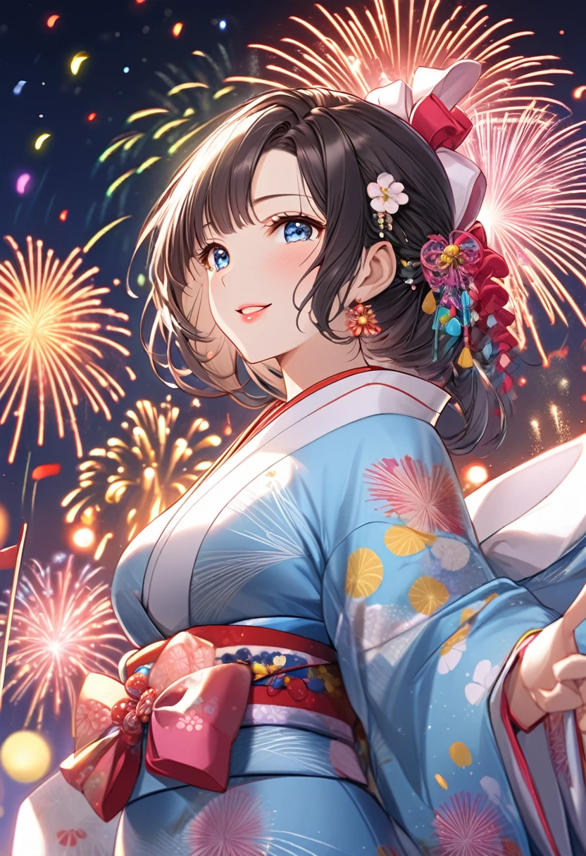 {L{worst quality, low-quality}, ((a closeup)), (girl with:1.2), (Big breasts), (A dark-haired, short-cut:1.3), plump shiny lips, Beautiful clear eyes, (The best smile), Spoken Heart, (perfect hand:1.2), (firework theme:1.4), (Japanese courtesan girl with:1.3), (Comes with maxi length Blue kimono [yellow] Obi:1.4), (Highly detailed and colorful embroidery and fancy firework patterns :1.3), (off shoulders:1.4), (geta:1.2), (Fancy hair ornaments:1.3), ((super huge ribbon:1.2) in front of the waist:1.3), low angle shot, (dazzling fireworks light1.4), (beautiful fireworks background:1.2), masutepiece,Best Quality,ultra-detailliert, ​masterpiece,