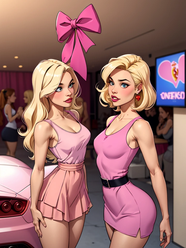 2 blondes girls, One with short hair, wearing a pink miniskirt, wearing a pink tank top with a low cut, the other wearing a pink princess dress With long blond hair Wearing bows in your hair the two inside a pink Ferrari