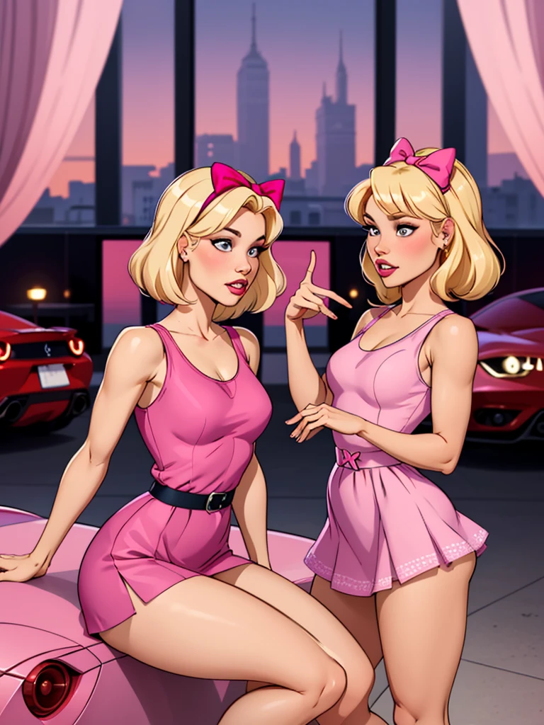 2 blondes girls, One with short hair, wearing a pink miniskirt, wearing a pink tank top with a low cut, the other wearing a pink princess dress With long blond hair Wearing bows in your hair the two inside a pink Ferrari