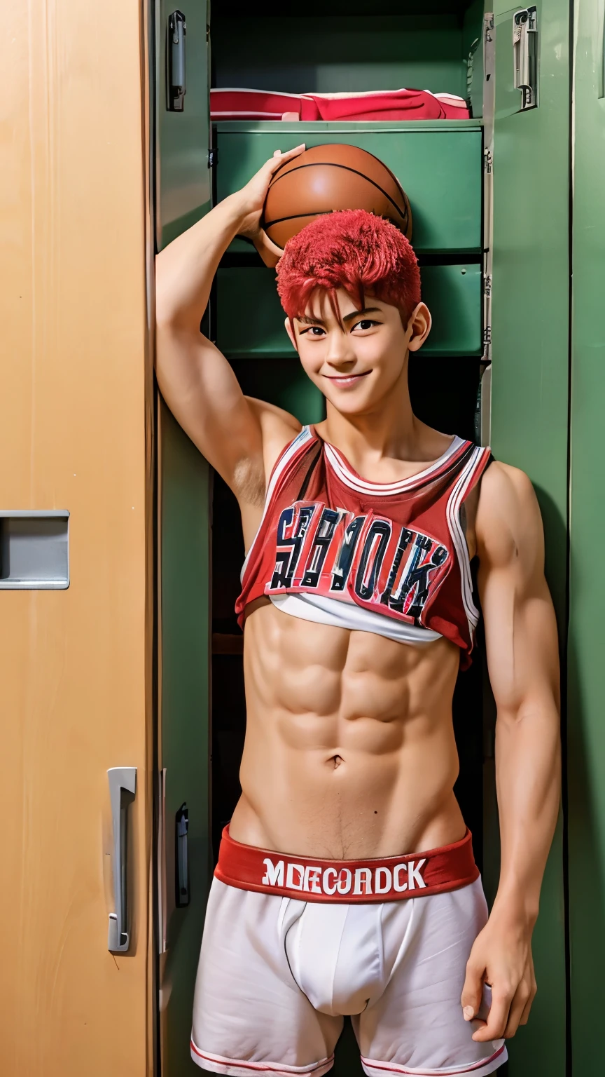 Japanese men、14 years old、Basketball Man、Muscles and smooth skin、Red shaved head、Relaxed and friendly smile、Tight boxer briefs、The whole body is visible from toes to head、locker room