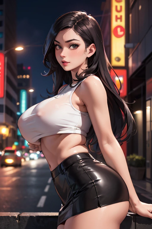 masterpiece, best quality, shadows, perfect hands, perfect legs, perfect anatomy, pretty face, mature features, 1 girl, 21 years old, MILF, mature woman, tight crop top, sexy leather skirt, city night background, white long hair, thighs, ass, breast, seductive, spicy, posing, cinematography lights,