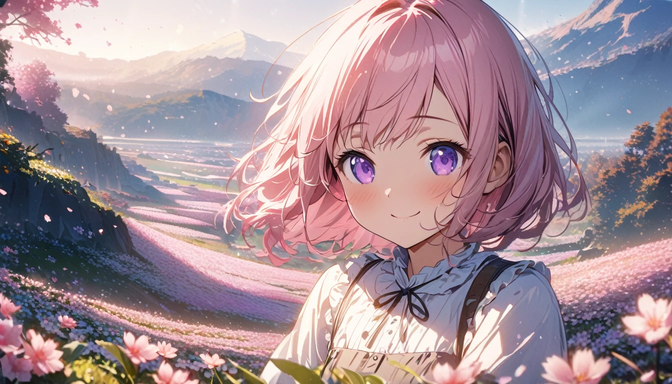 one girl, short pink hair and bob hair.、beautiful purple eyes、smile、gentle smile on her face、flat chest, one Beautiful girl,((masterpiece, illustration, best quality) ((ultra-detailed))\unny day landscape images, Only landscapes with flowers, Flower Field, unmanned, There are no animals, Lively, As if blown by the wind々Various kinds of flowers, , Soft lighting, Light background, ndividuality, Beautiful colors, cherry blossom trees, 濃い青とBeautiful Blueのグラデーション, High resolution, 8K HD detail, hyper-detail, cinematic, surrealism, soft light, deep field focus bokeh, ray tracing and surrealism. --v6