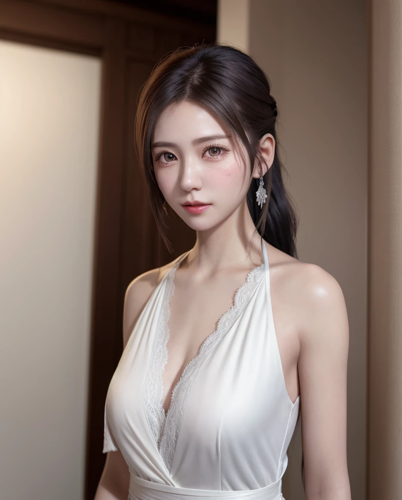 (Best Quality, masutepiece:1.2), 超A high resolution, Realistic, Front lighting, intricate detailes, Exquisite details and textures, 1girl in, 独奏 ,(young), Face Highlight, Upper body, Detailed face, Tear mole, White skin, Silver hair, Ponytail, Braid hair, Looking at Viewer, Big eyes, silk robe, (Hollow pattern, white, Silk), earrings, Small breasts, Slim body, luxury room, Professional Lighting, Photon mapping, Radio City, Physically-based rendering,