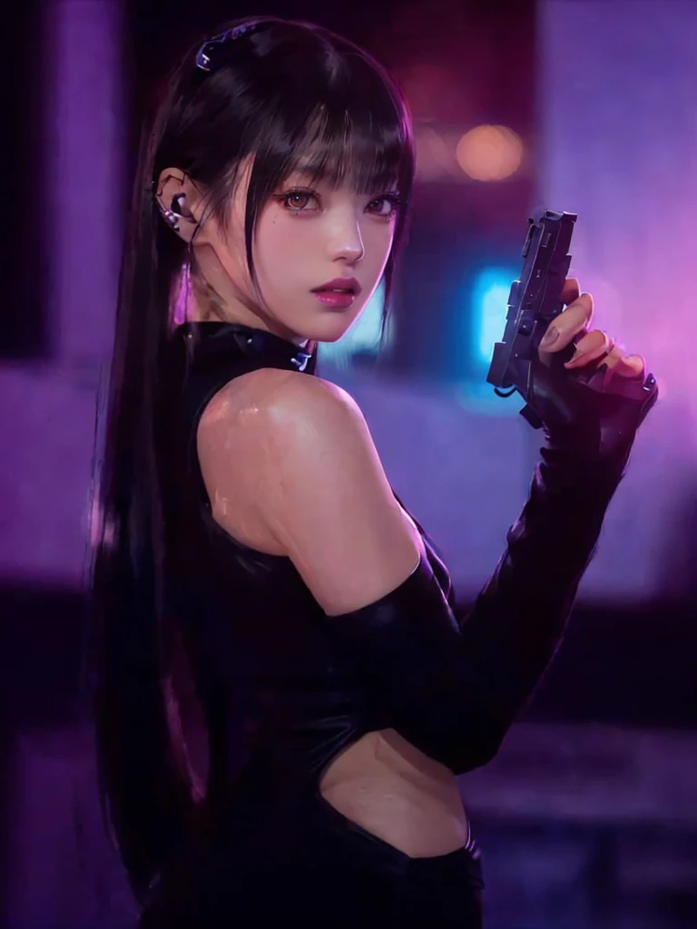 a woman in a black dress holding a gun in a dark room, cyberpunk judy alvarez, faye valentine from cowboy bebop, with pistol, portrait sophie mudd, neo noir style, beauty blade runner woman, beaten tech. neo noir style, cyberpunk photo, beautiful cyberpunk woman model, in cyberpunk style, cyberpunk jackie welles, glamorous jill valentine