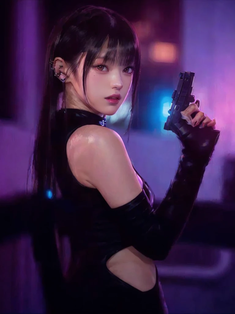 a woman in a black dress holding a gun in a dark room, cyberpunk judy alvarez, faye valentine from cowboy bebop, with pistol, portrait sophie mudd, neo noir style, beauty blade runner woman, beaten tech. neo noir style, cyberpunk photo, beautiful cyberpunk woman model, in cyberpunk style, cyberpunk jackie welles, glamorous jill valentine