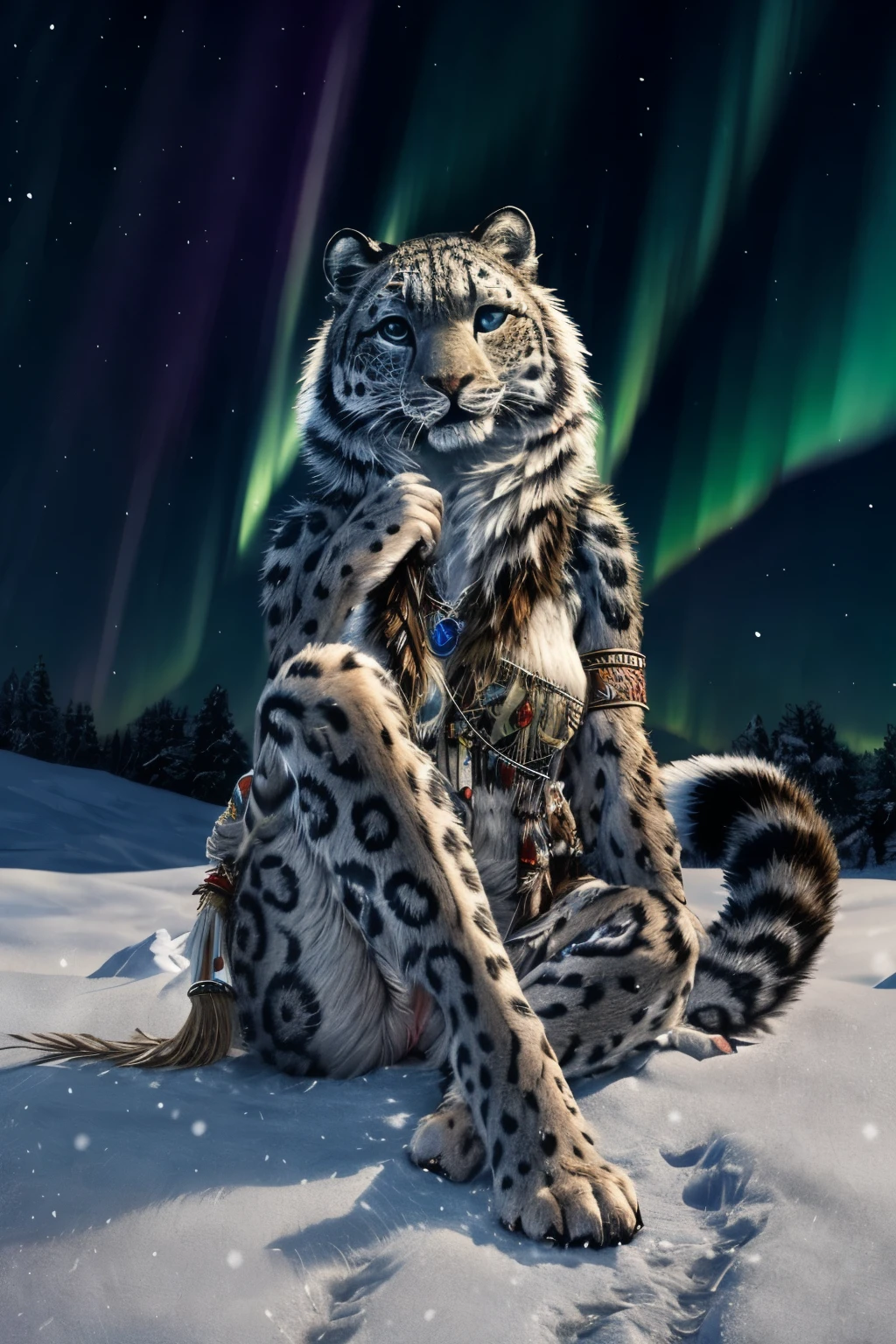 Snow Leopard, Humanity, furry, woman, woman, fur, detailed fur masterpiece, Highest quality, Digital Art, (Realistic:0.3), comics, Fine Lines, High resolution, Visually stunning (Detailed lighting, Depth of written boundary:0.9), Detailed Color, Vibrant colors, perfect hands, Fine hand (beautiful, cute, fluffy:1.2), Detailed body, Barefoot hairy character ,One girl,Person sitting barefoot in the snow, Nice legs, Soles and pads,Smiling Vagina Outdoors,nature, Tribal accessories, Tribal costume, Colorful aurora borealis,Night