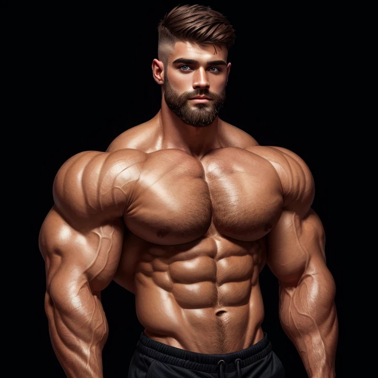a young and very handsome man, shirtless, extremely handsome, very handsome and extremely handsome face, short and very handsome beard, short hair, mid fade haircut, very muscular, on a black background