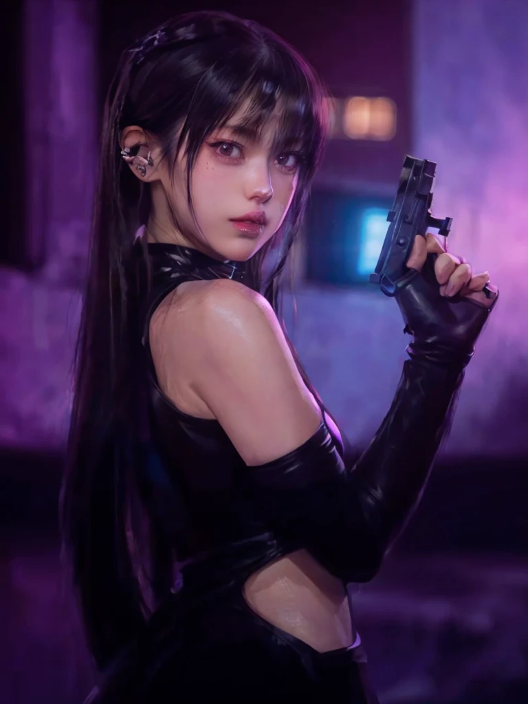 a woman in a black dress holding a gun in a dark room, cyberpunk judy alvarez, faye valentine from cowboy bebop, with pistol, portrait sophie mudd, neo noir style, beauty blade runner woman, beaten tech. neo noir style, cyberpunk photo, beautiful cyberpunk woman model, in cyberpunk style, cyberpunk jackie welles, glamorous jill valentine