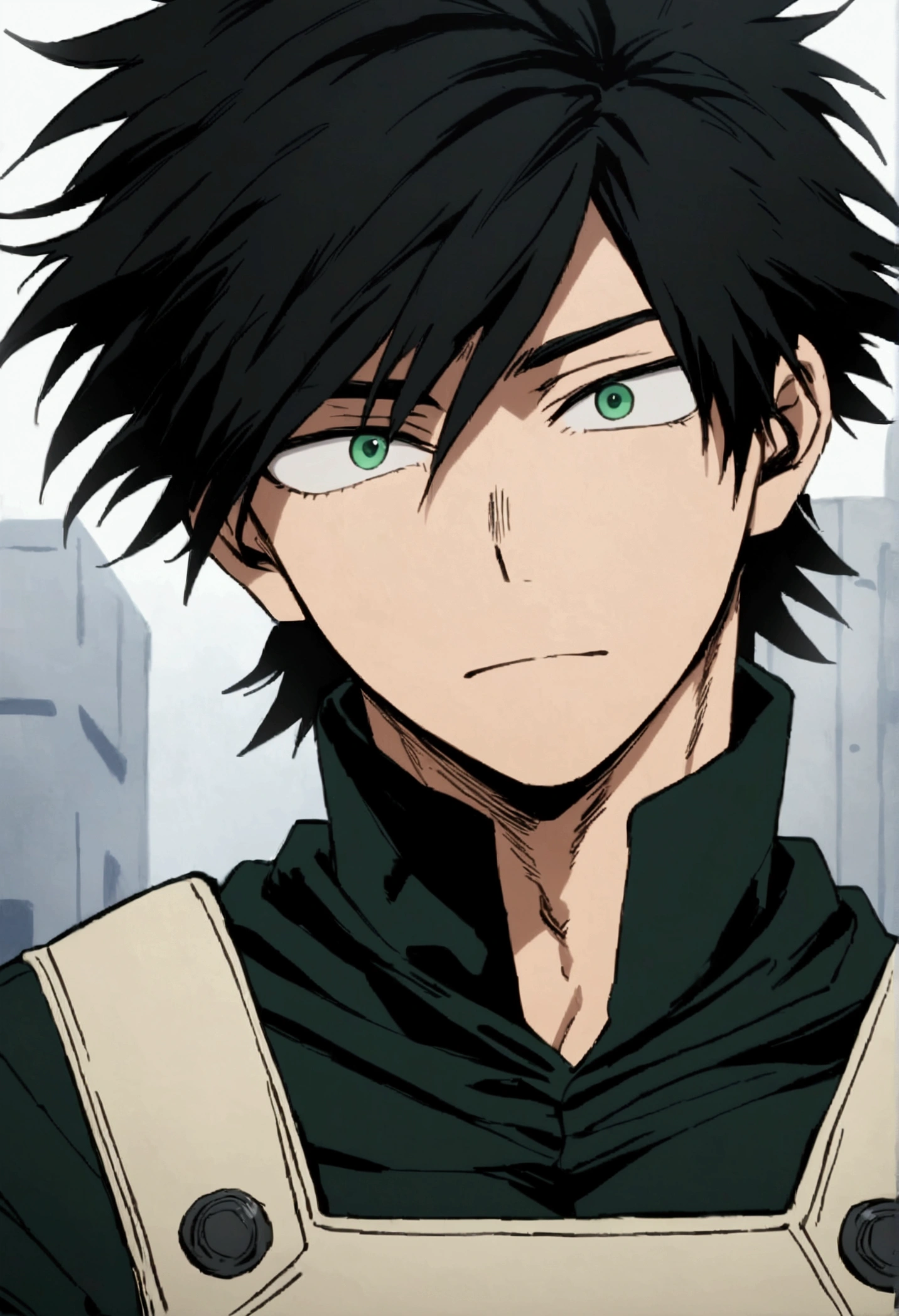  high image quality, He is a 17 year old teenager, He has very black hair tousled with a fringe....., eyes are black, , muscled body , pretty face , attractive, He is dressed in the male uniform from the anime. "My Hero Academia", detailed face, bright green eyes 