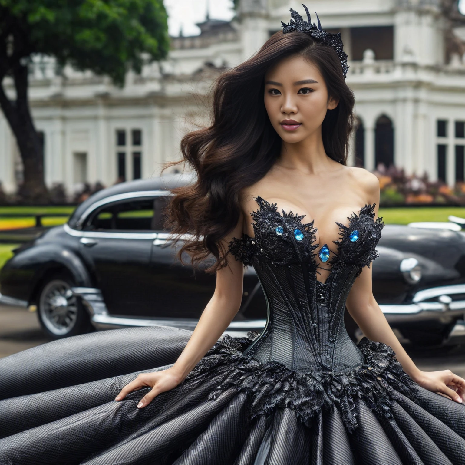 (Ultra HDR) (cinematic effect) Photo of an asian woman with long hair flowing in the wind, wearing a black batik patterned costume, a V-cut strapless corset style batik dress made of carbon patterned satin, a very narrow and stiff V-cut waist decorated with blue jewels, a luxurious long skirt, looks beautiful and stunning, very realistic and detailed, with a royal palace in the background, sitting on a swing, behind it is a black classic car. hyper realistic, hyper detail clothing, Detailed gemstones, masterpiece, best quality:1.2),,(8k,highres,RAW photo,realistic,photo-realistic:1.3),(detailed skin texture,detailed cloth texture, beautiful detailed face:1.25),professional lighting,photon mapping,beautiful soft light,radiosity,physically-based rendering,raytracing, model shoot style, model shoot style, (extremely detailed CG unity 8k wallpaper), full shot body photo of the most beautiful artwork in the world (NSFW), (Nude), (Naked),  (pussy) (small pussy) (tight pussy) (carbon fiber corset) (veiny breast) (steampunk corset) 
