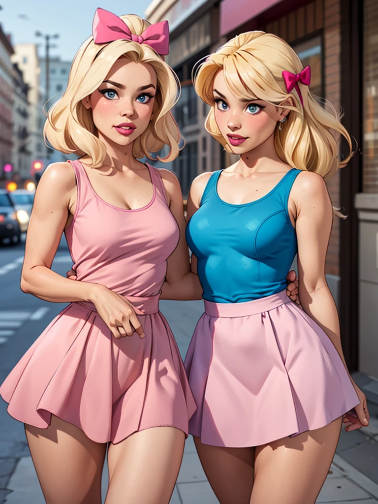 2 blondes girls, One with short hair, wearing a pink miniskirt, wearing a pink tank top with a low cut, the other wearing a pink princess dress With long blond hair Wearing bows in your hair