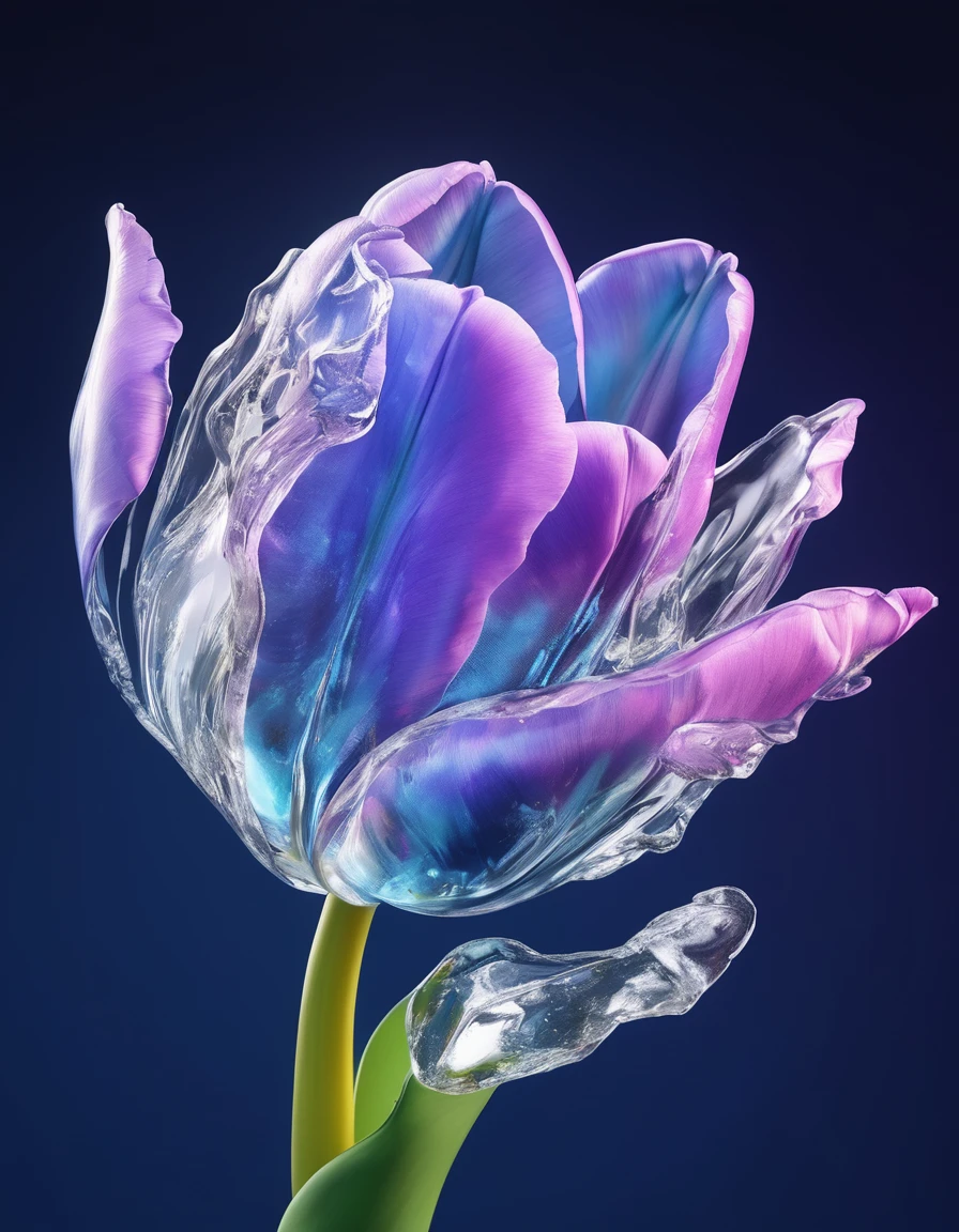 a portrait of an ((ice sculpture of a 1single tulip flower: 1.5)), dynamic color tulip petals, dynamic background, vivid icy tulip, close up portrait, dynamic background,  High Detail, Ultra High Quality, High Resolution, 16K Resolution, Ultra HD Pictures, 3D rendering Ultra Realistic, Clear Details, Realistic Detail, Ultra High Definition,rpg portrait, ice