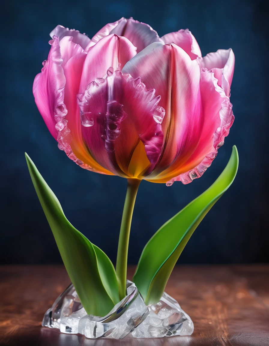a portrait of an ((ice sculpture of a 1single tulip flower: 1.5)), dynamic color tulip petals, dynamic background, vivid icy tulip, close up portrait, dynamic background, High Detail, Ultra High Quality, High Resolution, 16K Resolution, Ultra HD Pictures, 3D rendering Ultra Realistic, Clear Details, Realistic Detail, Ultra High Definition,rpg portrait, ice