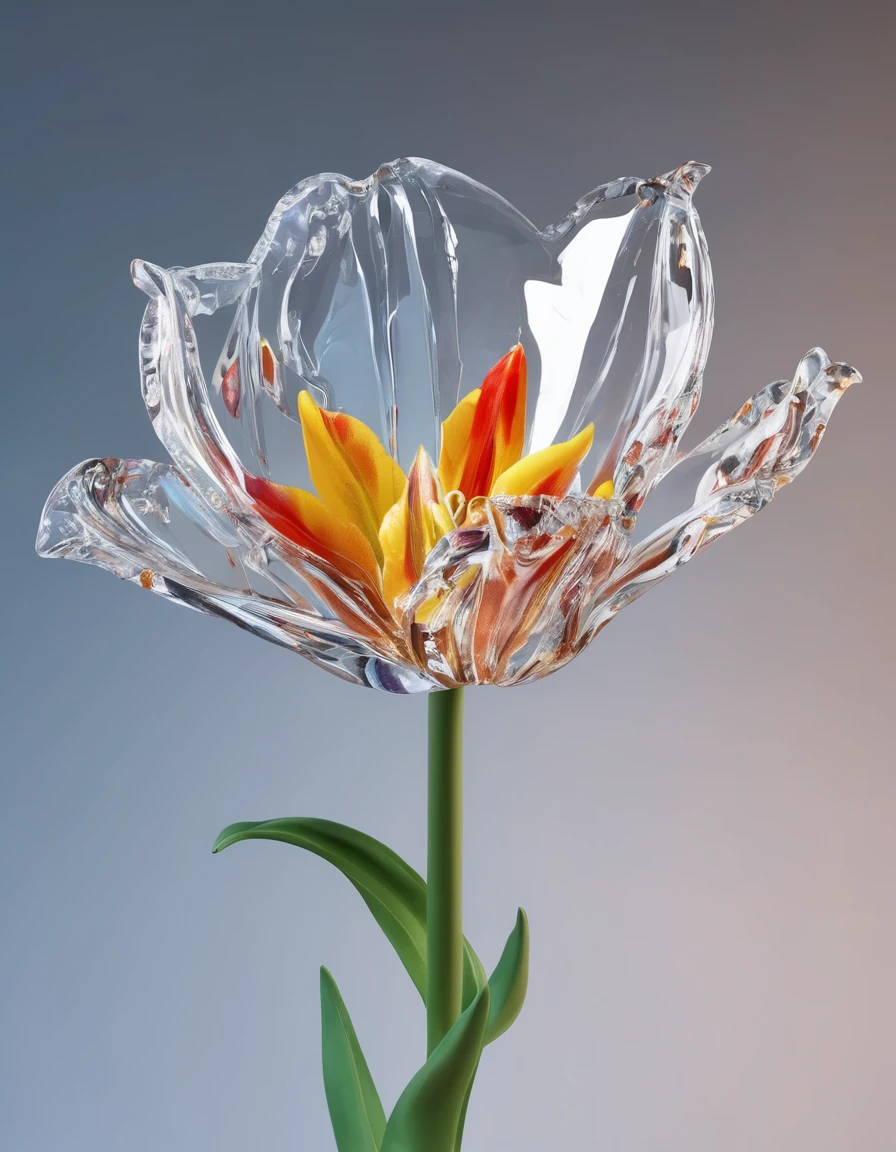 a portrait of an ((ice sculpture of a 1single tulip flower: 1.5)), dynamic color tulip petals, dynamic background, vivid icy tulip, close up portrait, dynamic background,  High Detail, Ultra High Quality, High Resolution, 16K Resolution, Ultra HD Pictures, 3D rendering Ultra Realistic, Clear Details, Realistic Detail, Ultra High Definition,rpg portrait, ice