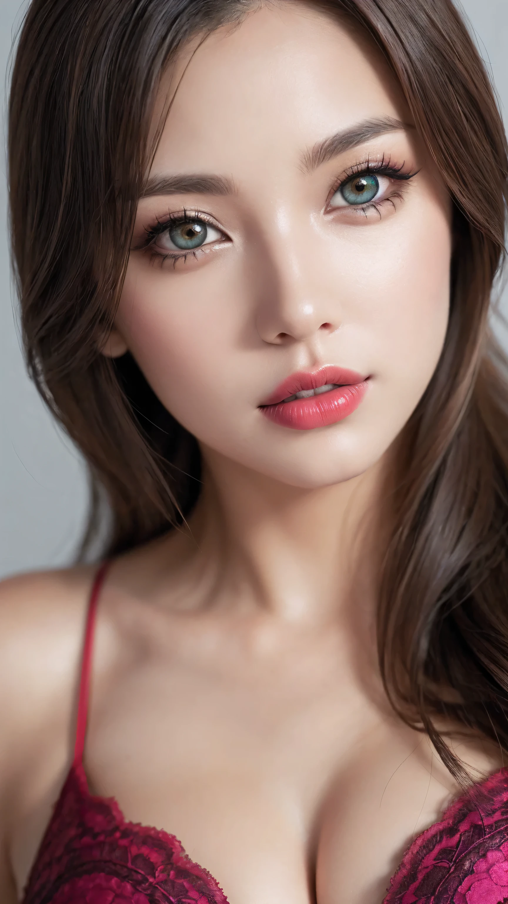 photorealism 16K realism, (Hyper-realistic proportional body, anatomically correct:1.3), ((ultra-fine digital art)), (1woman:1.3, 22-year-old), wearing glasses, thigh highs, ((intricately detailed beautiful face)), (light pale complexion), BREAK, (small round head), (best details, realistic beautiful, slim and cute face), ((best highest detailed realistic dark brown_eyes:1.3)), ((super realistic sharp-eyes:1.2)), (tired and sleepy and satisfied:0.0), (close up of a woman's eyes), perfect round eyes, finely detailed pupils,BREAK,detailed lips:1.3,pink_makeup:1.22, (long_blue_eyeliner:1.28), (red_lipstick:1.35), ((perfect dark_eyeshadows:1.4)), (super detailed professional makeup on eyes:1.3), (Detailed nose:1.2), (best high quality real texture skin:1.3), (Fujicolor, daytime soft lighting), (curly heban hair (slicked to the one side) Intricately detailed), BREAK, ((Classic and sexy designer dress, combination of teal, magenta and yellow colour in the dress, bright colours)), Detailed blue decoration, BREAK, (Fitted clothing), dynamic pose, (looking at the viewer), (no decorations in the hair), (dark shot:1.2), (firm normal full breasts), hint of cleavage, (vibarant and colourful),