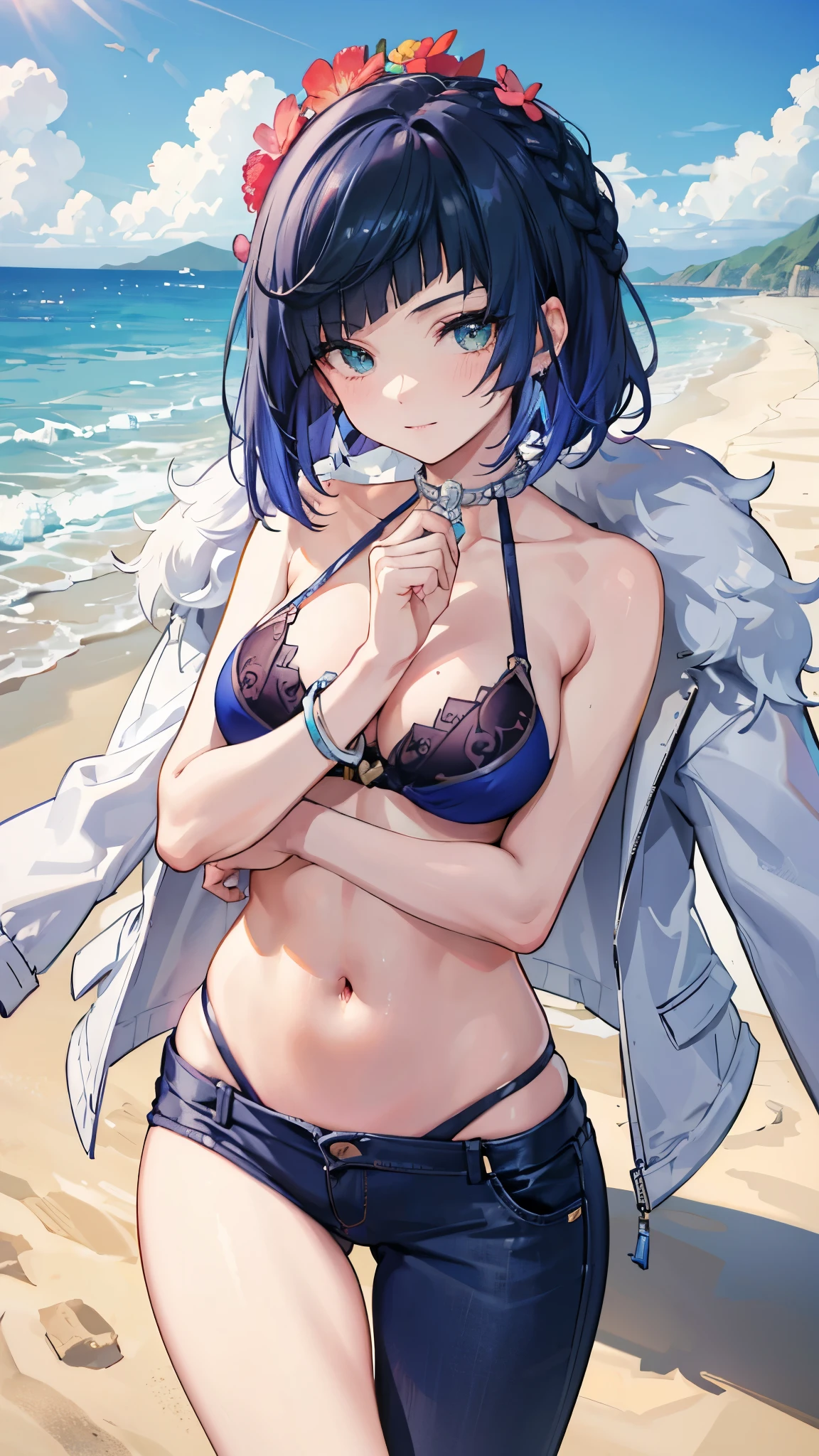 (detailed), (colorful), (ojos detalados y colorfuls), (Detailed hands)On the beach with a beautiful bikini