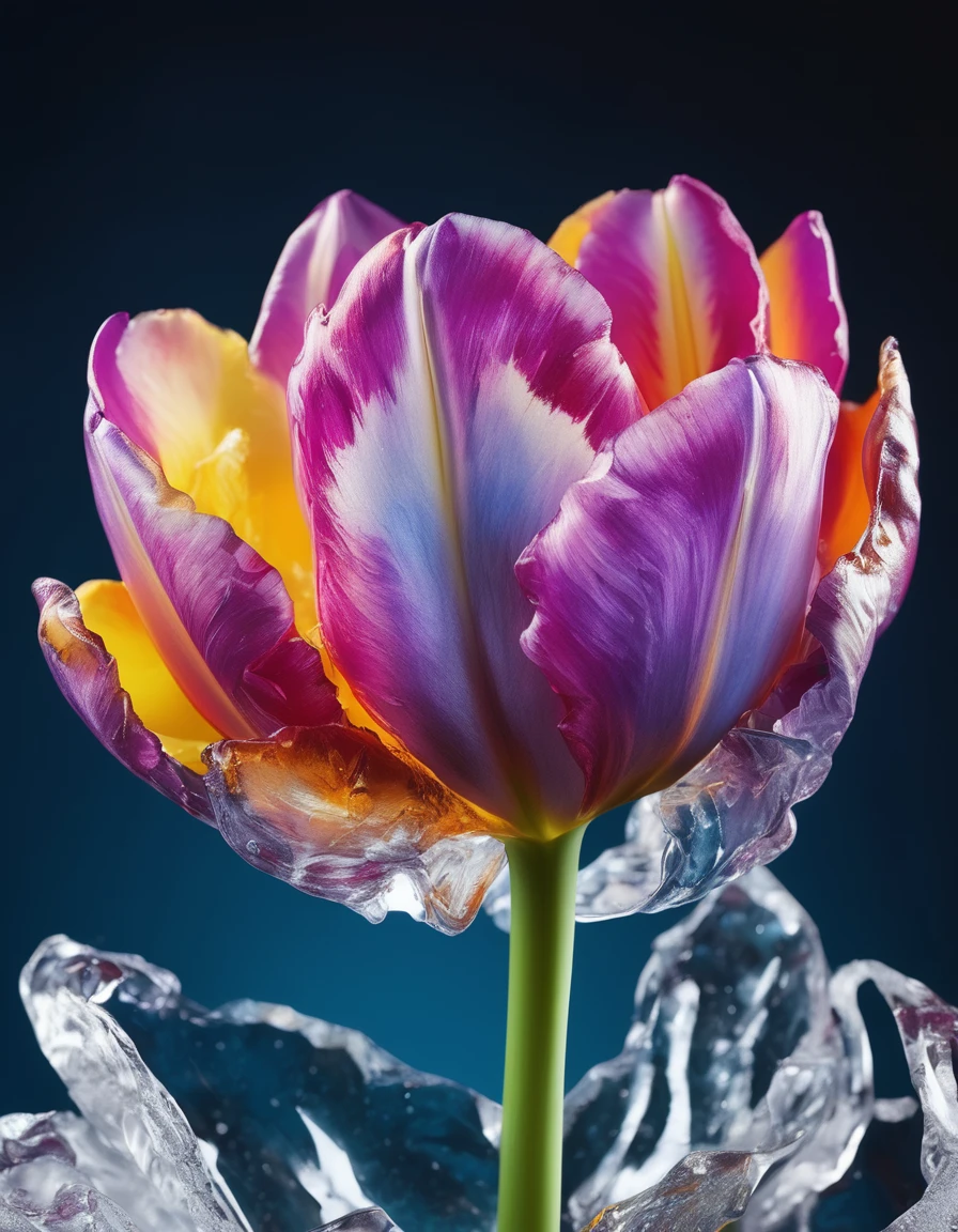 a portrait of an ((ice sculpture of a tulip flower: 1.5)), dynamic color icy tulip petals, dynamic background, vivid icy tulip, close up portrait, dynamic background,  High Detail, Ultra High Quality, High Resolution, 16K Resolution, Ultra HD Pictures, 3D rendering Ultra Realistic, Clear Details, Realistic Detail, Ultra High Definition,rpg portrait, ice