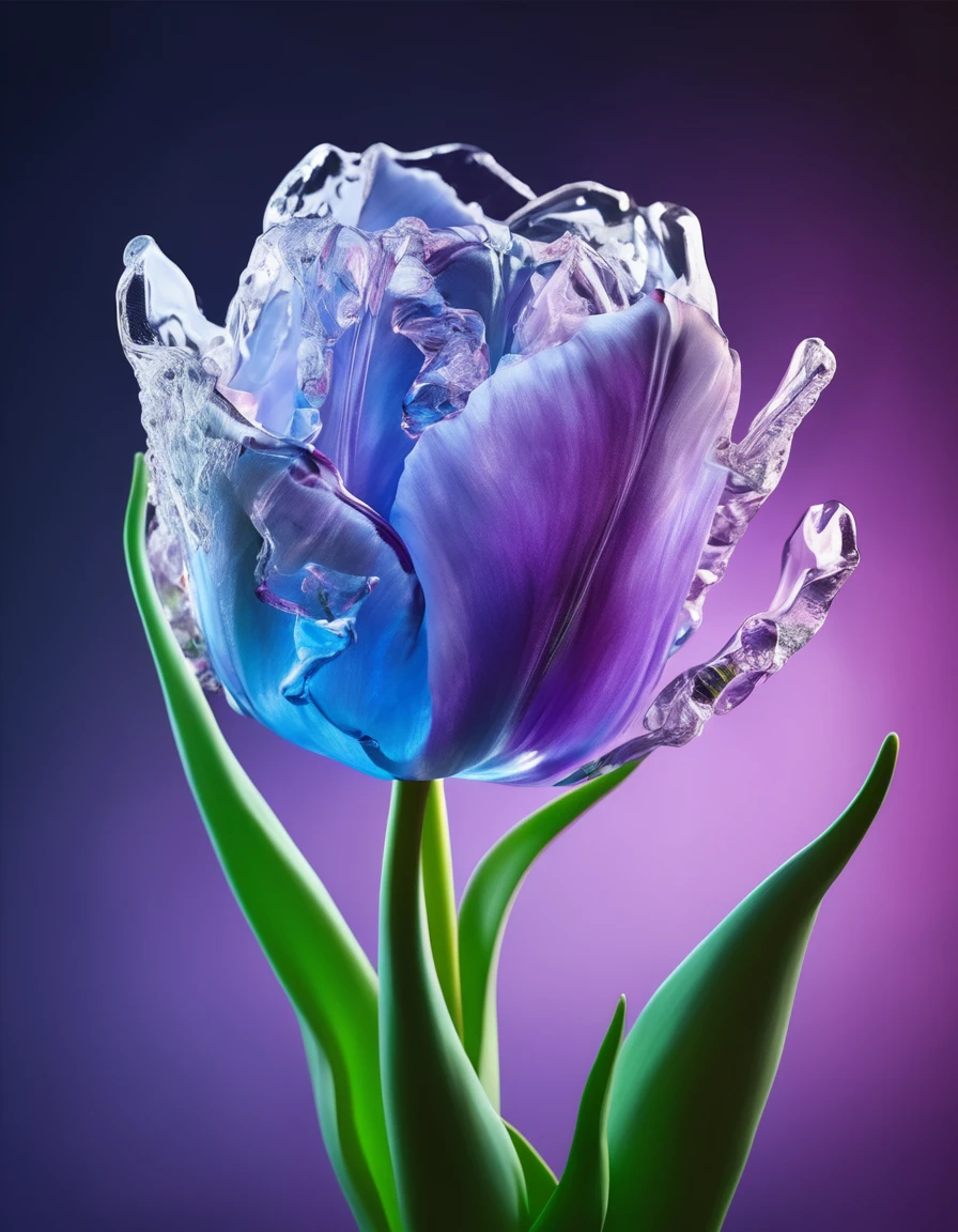 a portrait of an ((ice sculpture of a tulip flower: 1.5)), dynamic color icy tulip petals, dynamic background, vivid icy tulip, close up portrait, dynamic background,  High Detail, Ultra High Quality, High Resolution, 16K Resolution, Ultra HD Pictures, 3D rendering Ultra Realistic, Clear Details, Realistic Detail, Ultra High Definition,rpg portrait, ice