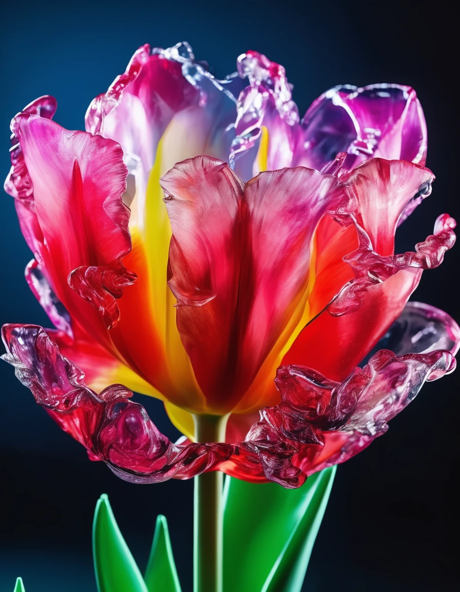 a portrait of an ((ice sculpture of a tulip flower: 1.5)), dynamic color icy tulip petals, dynamic background, vivid icy tulip, close up portrait, dynamic background,  High Detail, Ultra High Quality, High Resolution, 16K Resolution, Ultra HD Pictures, 3D rendering Ultra Realistic, Clear Details, Realistic Detail, Ultra High Definition,rpg portrait, ice