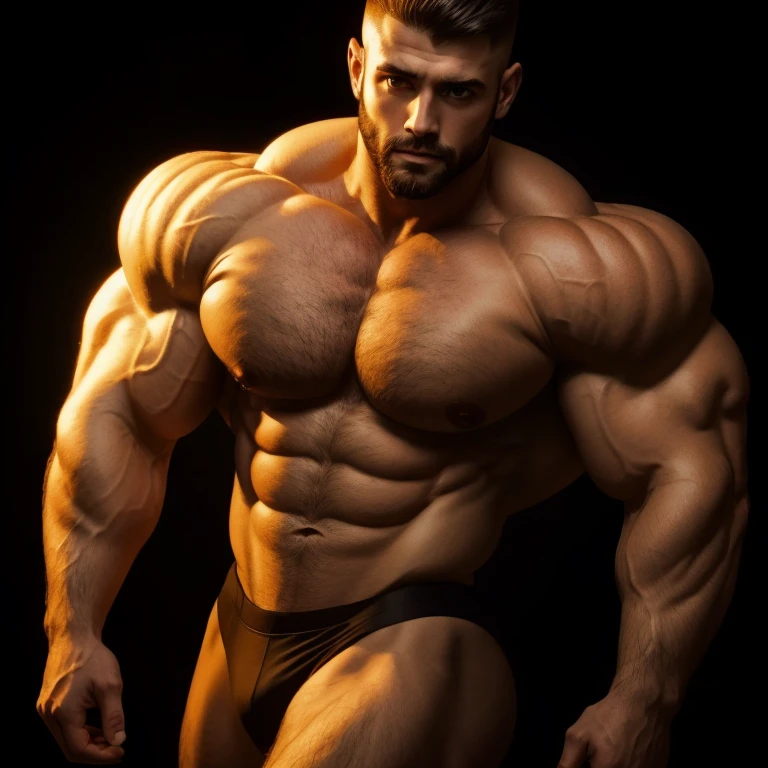 a young and very handsome man, shirtless, extremely handsome, very handsome and extremely handsome face, short and very handsome beard, short hair, mid fade haircut, very muscular, on a black background