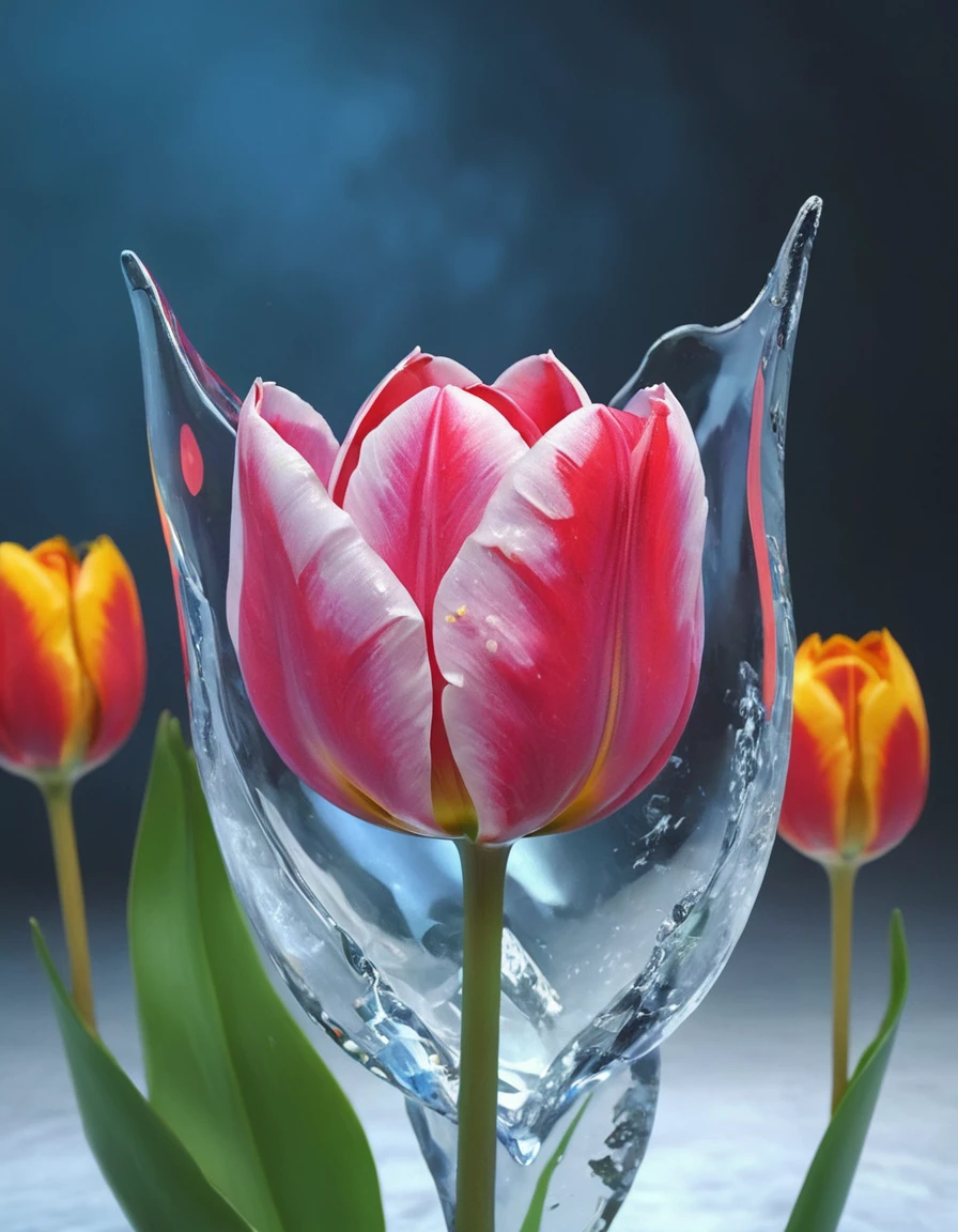 portrait of an ((ice sculpture of a 1single tulip flower: 1.5)), dynamic color icy tulip petals, dynamic background, vivid icy tulip, close up portrait, dynamic background, High Detail, Ultra High Quality, High Resolution, 16K Resolution, Ultra HD Pictures, 3D rendering Ultra Realistic, Clear Details, Realistic Detail, Ultra High Definition,rpg portrait, ice