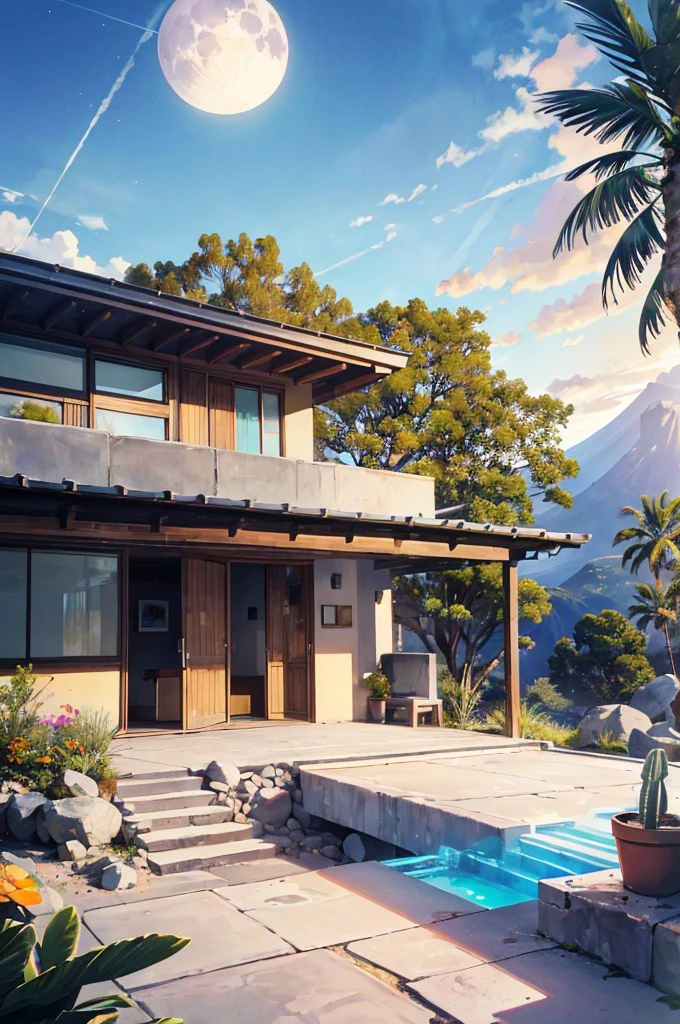 small and beautiful modern house in top of big boulders, terraces, pool, stairs, multiple cacti gardens, palms, trees, rocks, beautiful landscape design, mountains and volcano y background, amazing clouds, sun, moon, planets, milky way galaxy, concrete, wood, glass and steel materials, olive green, violet, orange and withe colors in facade
