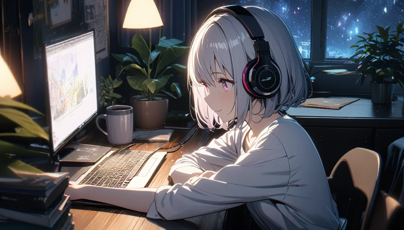 1girl,solo, flat chest, gentle smile on her face, pink beautiful eyes, short hair, silver hair, ((white t-shirt)), simple t-shirt, black skirt, upper body, ((masterpiece, illustration, best quality)) rainy night, a girl studying while listening to music with headphones, the night view is very beautiful with beautiful candle on her table. there are plants in the background, She is viewing her laptop and her arms resting on the desk, a beautiful night view with books and plants in the background with coffee on the desk, 濃い青とBeautiful Blueのグラデーション, High resolution, 8K HD detail, hyper-detail, cinematic, surrealism, soft light, deep field focus bokeh, ray tracing and surrealism. --v6