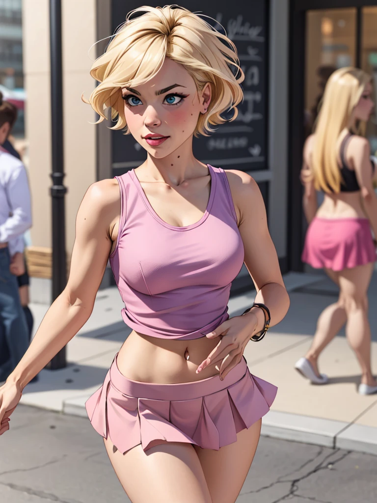  blonde girl, One with short hair, wearing a pink miniskirt, wearing a pink tank top with a low cut, 