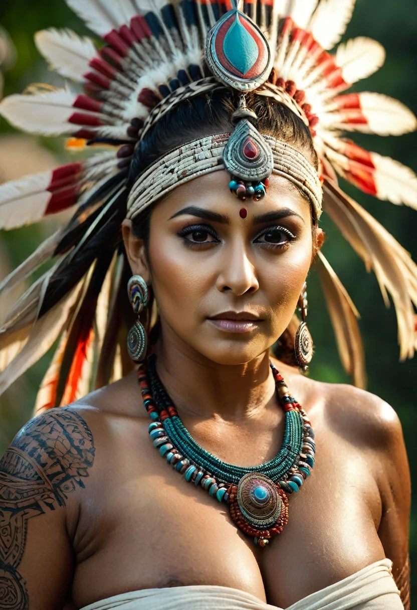 Foto RAW, looks like Nayanthara, excessive sweating, thick figure, curvy, milf, 50 years old Woman, tattoo in the middle of her breast, with realistic Indian headdress , tribal girl, stunning looks, tribal headdress, tattoos, colourful tribal tattoos, nude big breast , tribal white girl, Polynesian tribe, best quality , best cinematic colour grading, detailed lighting, high resolution , (pele altamente detalhada: 1.2), 8k UHD, DSLR, soft-lighting, alta qualidade, grain of film, Fujifilm XT3, highly detailed armpits, armpits hair, fully naked, nipples covered by hai, skin pores, skin texture, high quality skin,