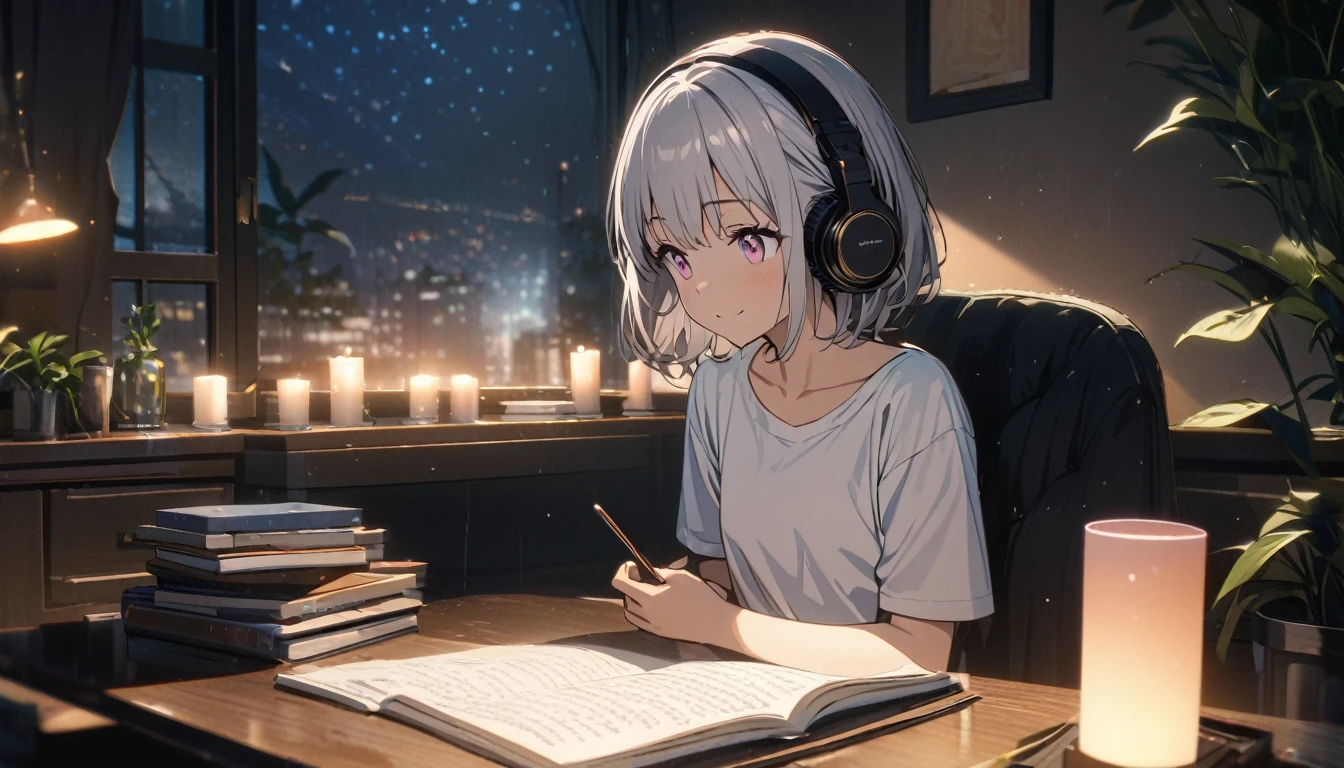 1girl,solo, flat chest, gentle smile on her face, pink beautiful eyes, short hair, silver hair, ((white t-shirt)), simple t-shirt, black skirt, upper body, ((masterpiece, illustration, best quality)) rainy night, a girl studying while listening to music with headphones, the night view is very beautiful with beautiful candle on her table. there are plants in the background, , a beautiful night view with books and plants in the background with coffee on the desk, 濃い青とBeautiful Blueのグラデーション, High resolution, 8K HD detail, hyper-detail, cinematic, surrealism, soft light, deep field focus bokeh, ray tracing and surrealism. --v6