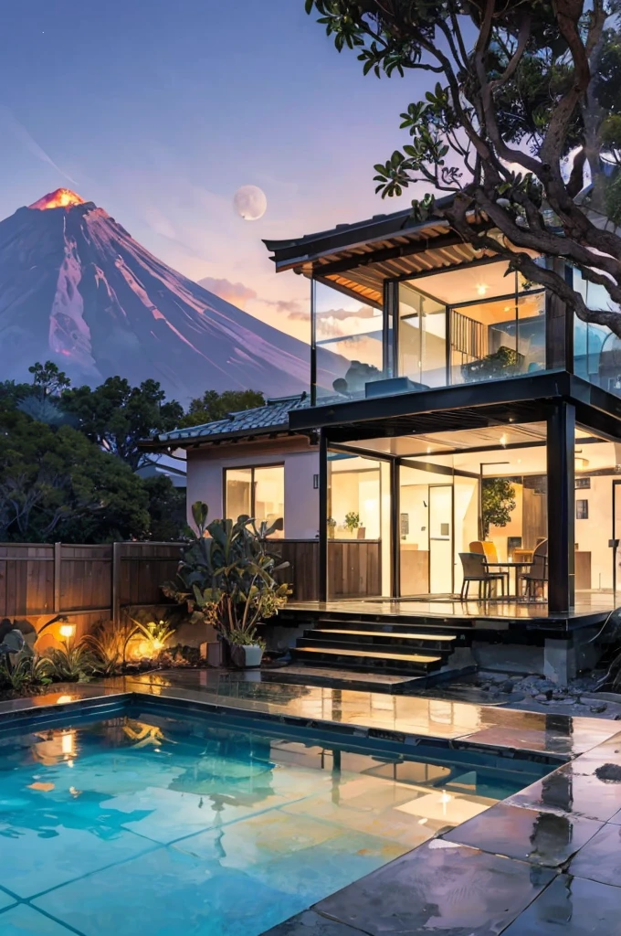 small and beautiful modern house in top of big boulders, terraces, pool, stairs, multiple cacti gardens, palms, trees, rocks, beautiful landscape design, mountains and volcano y background, amazing clouds, sun, moon, planets, milky way galaxy, concrete, wood, glass and steel materials, olive green, violet, orange and withe colors in facade