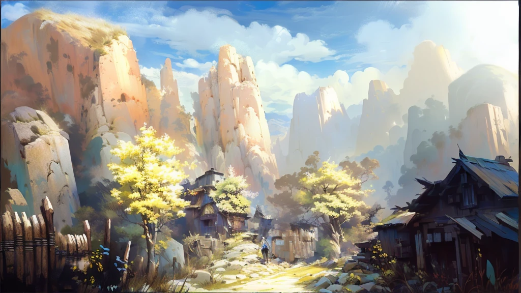 Painting of a man walking on a mountain path, painted as a game Concept Art, scenery game Concept Art, Concept Art. Epic Landscapes, environment, environment Concept Art, painterly Concept Art, Landscape Artwork, environment艺术, Anime Landscape, Concept World Art, anime scenery Concept Art, environment设计插图, an Epic Landscapes, digital painting Concept Art