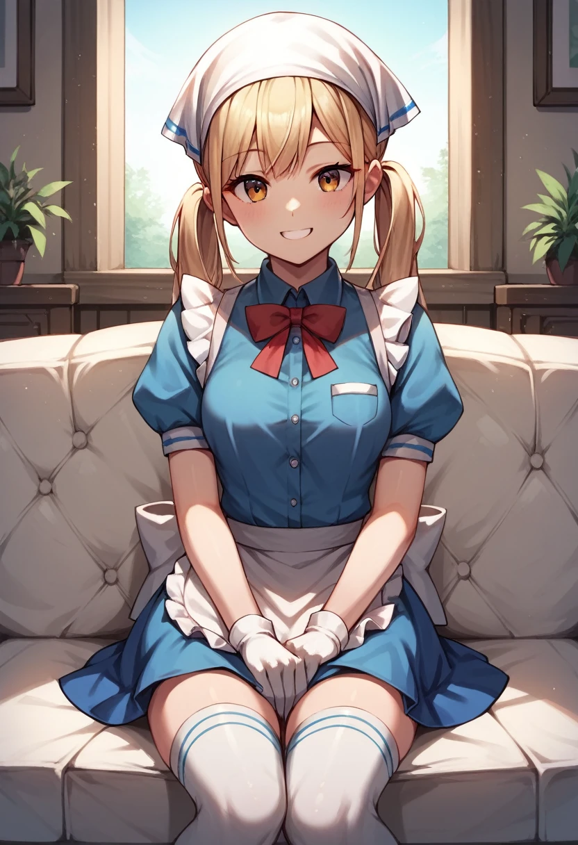 score_9, score_8_up, score_7_up, score_6_up, score_5_up, score_4_up, source_anime, 1girl,(masterpiece, best quality:1.2), cowboy shot, solo, 1girl, hinata kaho, sit, smile, looking at viewer, sitting, twintails, head scarf, waitress, frills, blue shirt, waist apron, puffy short sleeves, blue skirt, thighhighs, white gloves, room, wardrobe, sofa, best quality, best res, 4K UHD,
 