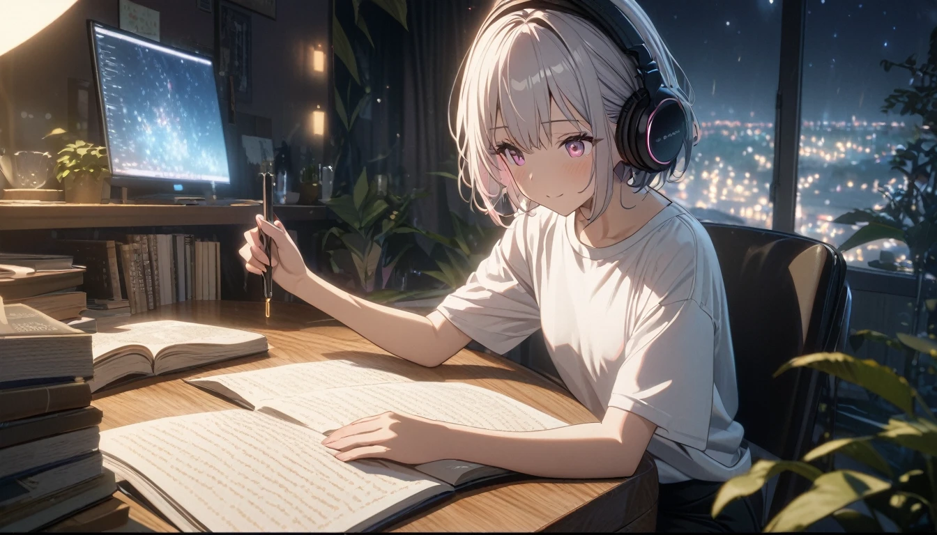 1girl,solo, flat chest, gentle smile on her face, pink beautiful eyes, short hair, silver hair, ((white t-shirt)), simple t-shirt, black skirt, upper body, ((masterpiece, illustration, best quality)) rainy night, a girl studying while listening to music with headphones, the night view is very beautiful with beautiful candle on her table. there are plants in the background, , a beautiful night view with books and plants in the background with coffee on the desk, 濃い青とBeautiful Blueのグラデーション, High resolution, 8K HD detail, hyper-detail, cinematic, surrealism, soft light, deep field focus bokeh, ray tracing and surrealism. --v6